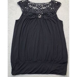 Kenar Blouse Top Womens Large Black Sleeveless Lightweight Crochet Neck Pullover